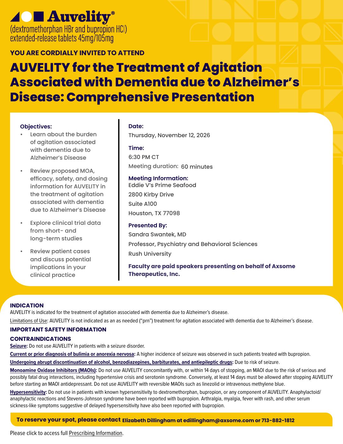 Invitation - AUVELITY for the Treatment of Agitation Associated with Dementia due to Alzheimer's Disease, Thursday November 12 2026, Eddie V's Prime Seafood, Houston